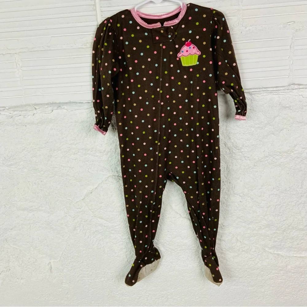 Carters Brown Polka Dot Kids One Piece footie pj with Cupcake Design size 18 M